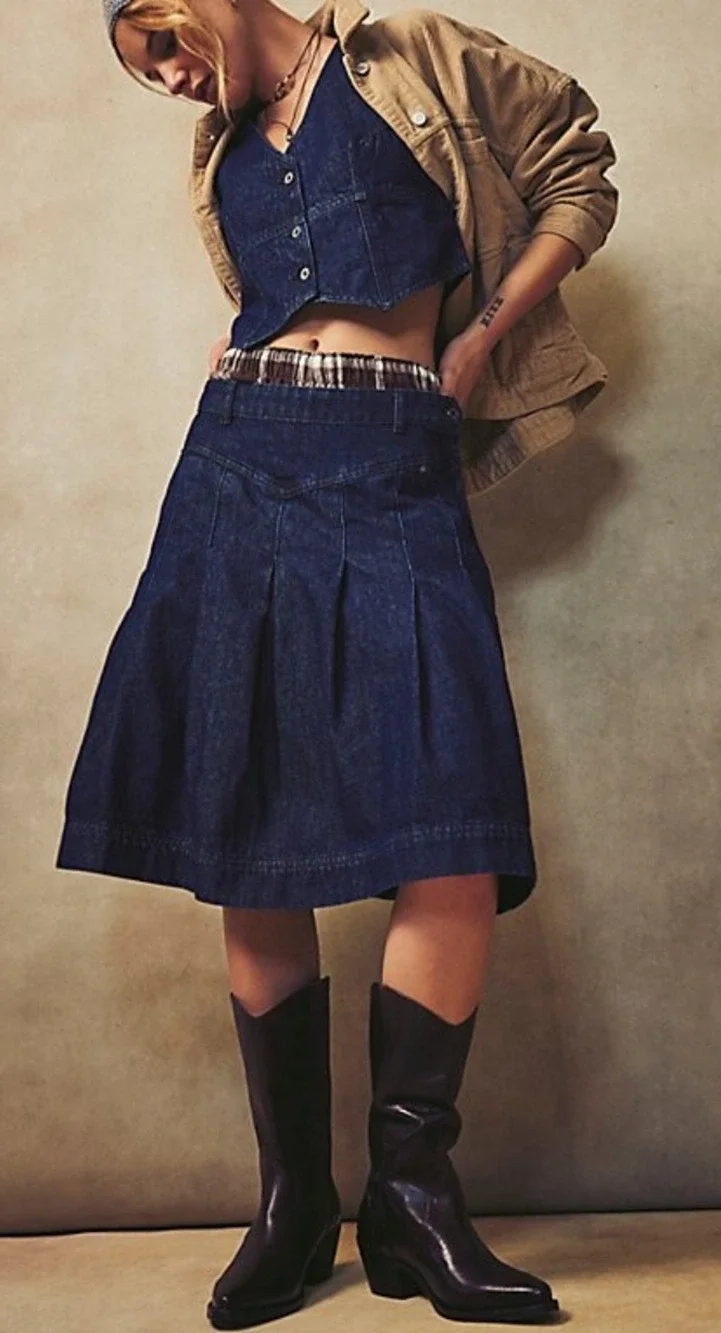 NEW FREE PEOPLE SCOUT DENIM CROPPED VEST TOP SKIRT SET OB1879827 SZ 4